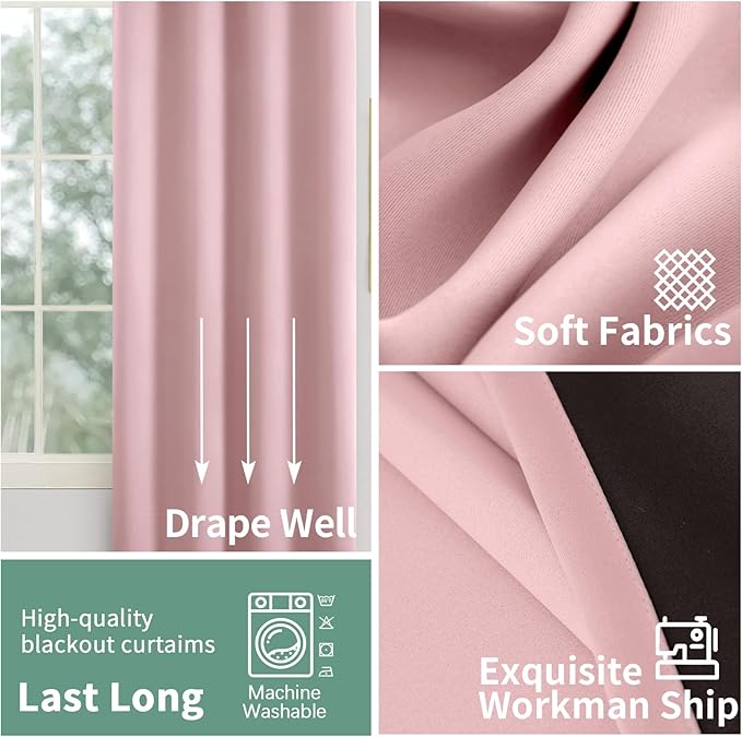 Pink Blackout Curtains for Bedroom 63 Inch Length, Girls Baby Bedroom Curtains Thermal Insulated 100% Light Blocking Soundproof Grommet Kids Curtains for Nursery, Each 42 Inch Wide, 2 Panels