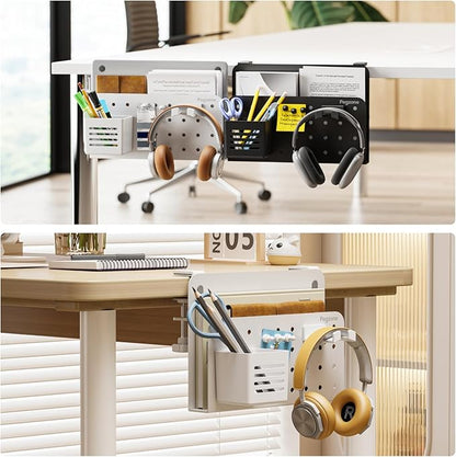 Desk Side Storage Organizer, No Drill Under Desk Laptop Holder, Clamp on Desk Shelf with Pegboard Accessories, Hanging Laptop Mount, Fits Flat Edge Desks 0.4" to 2.2", White