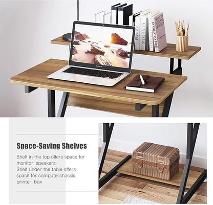 Dripex Computer Desk for Small Spaces, Z Shaped Small Computer Desk, 27.5 inch Compact Desk with Monitor Shelf and Bottom Storage Shelves, Space Saving Desk, Walnut