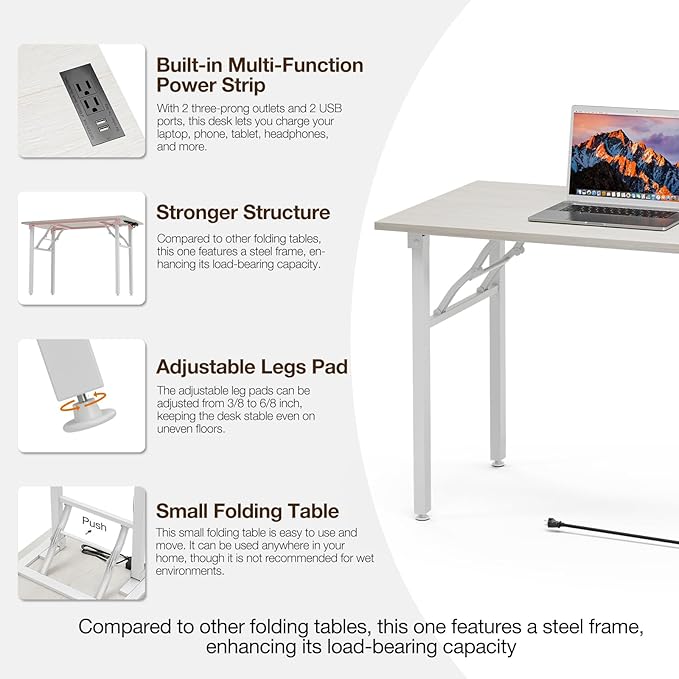 TEMI Small Computer Desk Folding Table - No Assembly, Compact 43.3" Foldable Desk with Power Outlets & USB Charging Port, Portable Small Office Desk, Ideal Mini Study Table for Small Spaces, White