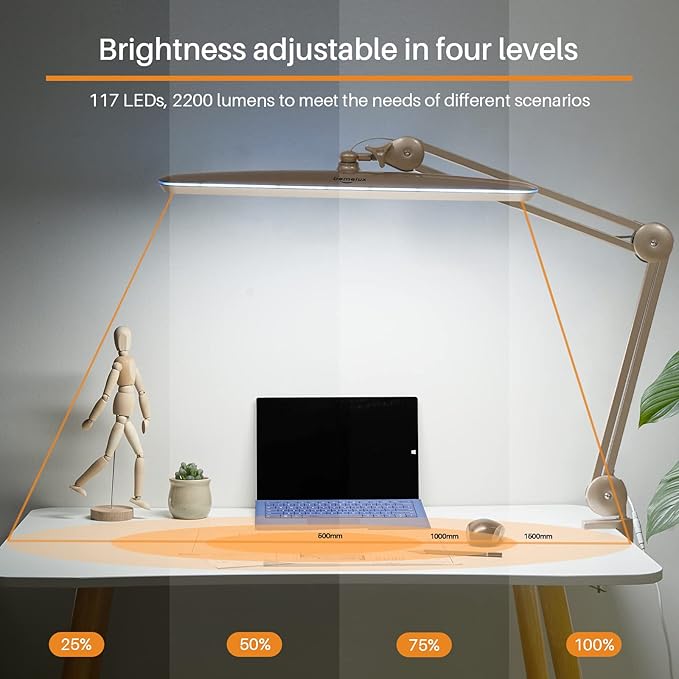 Task Lamp with Clamp, Bright 117PCS LEDs, Metal Swing Arm 24W 2200 Lumen Dimmable Led Desk Lamp for Architect Home Office Study Reading Dorm Workbench Craft, 23 Inch Lamp Head Work Lamp