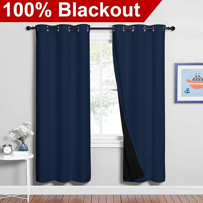 NICETOWN Full Shade Curtain Panels, Pair of Energy Smart & Noise Blocking Out Blackout Drapes for Apartment Window, Thermal Insulated Guest Room Lined Window Dressing(Navy Blue, 42 x 72 inch)