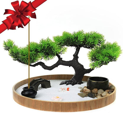 Japanese Zen Garden for Desk - Zen Garden Sand Kit, Artificial Bonsai Tree, Rakes & Accessories - Japanese Decor Office Home Desktop Relaxation Sandbox Decor. 9.5" Inches Wooden Round Tray