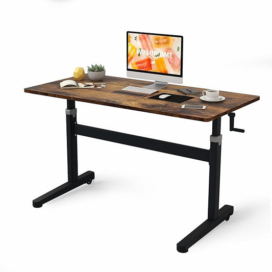 Manual Standing Desk Adjustable Height- Crank Mobile Standing Desk 48 x 24 Inches Sit Stand Desk Frame & Top, Stand Up Desk on Wheels, Computer Desk Black Frame & Rustic Brown