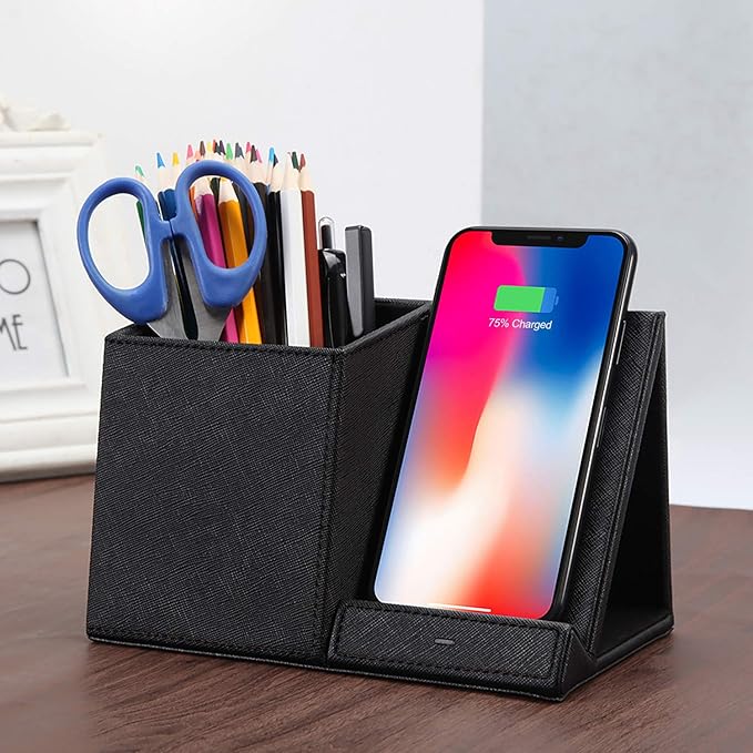 COSOOS Fast Wireless Charger with Desk Organizer, Desk Phone Charger Compatible with 15/15 Pro/15 Pro Max/14/13/12/11/XS/8 Plus, Galaxy S21/S20+/S10/Note 10/Note 9/(No AC Adapter)