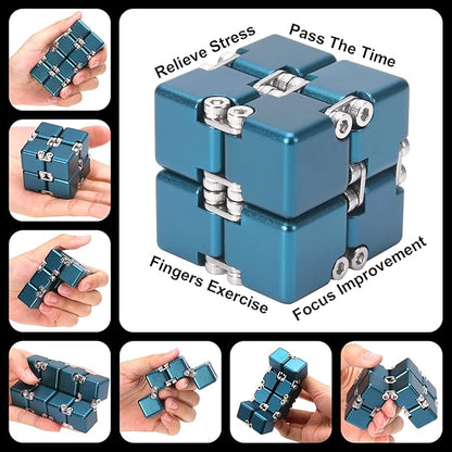 Aluminum Alloy Metal Infinity Cube Fidget Cube (6 Colors) Handheld Fidget Toy Desk Toy with Cool Case Infinity Magic Cube Relieve Stress Anxiety ADHD OCD for Kids and Adults (Blue)