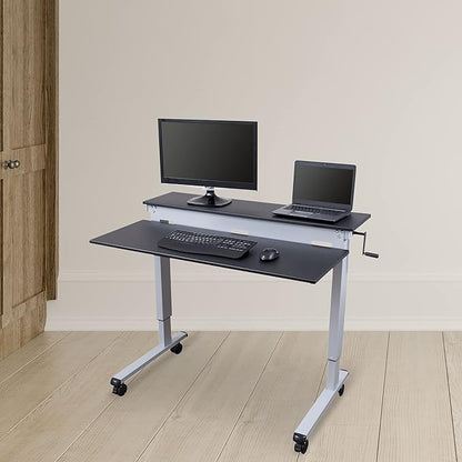 S STAND UP DESK STORE Crank Adjustable 2-Tier Standing Desk with Heavy Duty Steel Frame (Silver Frame/Black Top, 48 inch Wide