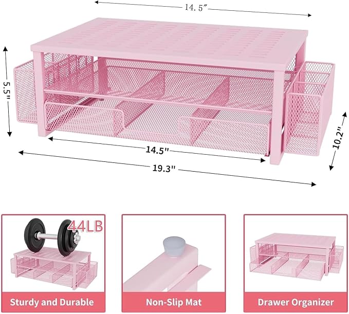 gianotter Monitor Stand with Drawer and Pen Holder, Desk Organizers and Accessories, 2-Tier Monitor Riser, Pink Office Decor for Women(Pink)