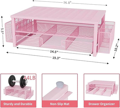 gianotter Monitor Stand with Drawer and Pen Holder, Desk Organizers and Accessories, 2-Tier Monitor Riser, Pink Office Decor for Women(Pink)