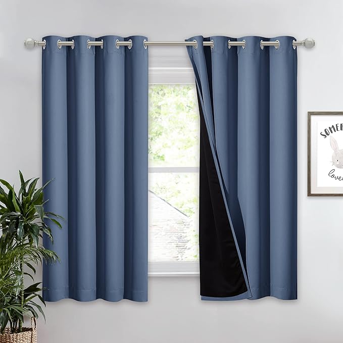 NICETOWN 100% Blackout Curtain Panel, Thermal Insulated Black Liner Curtain for Nursery Room, Noise Reducing and Cold Blocking Drape for Windows (1 Panel, Stone Blue, 52-inch Wide by 63-inch Long)