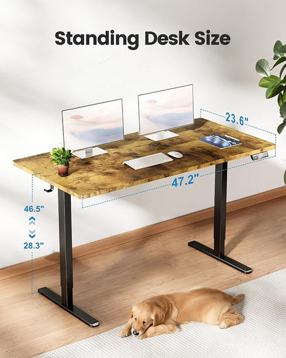 Sit Stand Desk Adjustable Height 48"× 24" Memory Computer Stand Up Desk for Home Office Study Table with Hook, Rustic Brown