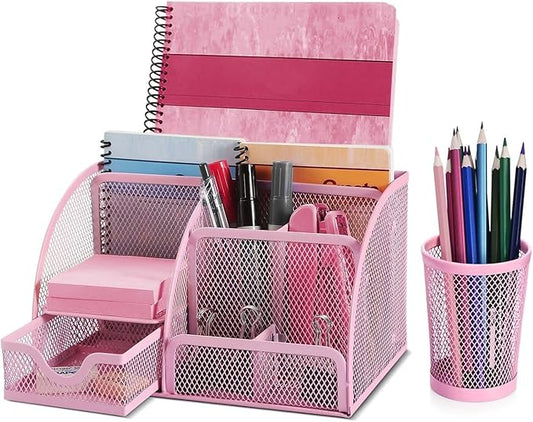 Flexzion Desk Top Caddy Organizer - Pink Office Desk Accessories Organizer and Storage - Metal Mesh Desk with 6 Compartments, Drawer and Pen Holder