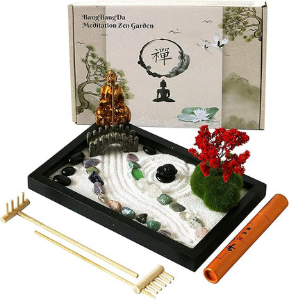 Mini Meditation Zen Garden Kit - Japanese Tabletop Rock Sand Chakra Buddha Zen Garden Home Office Desk Zen Decor Zen Gifts for Father Mother Birthday Gifts Sandbox w/Rake Tool Accessories Bonsai