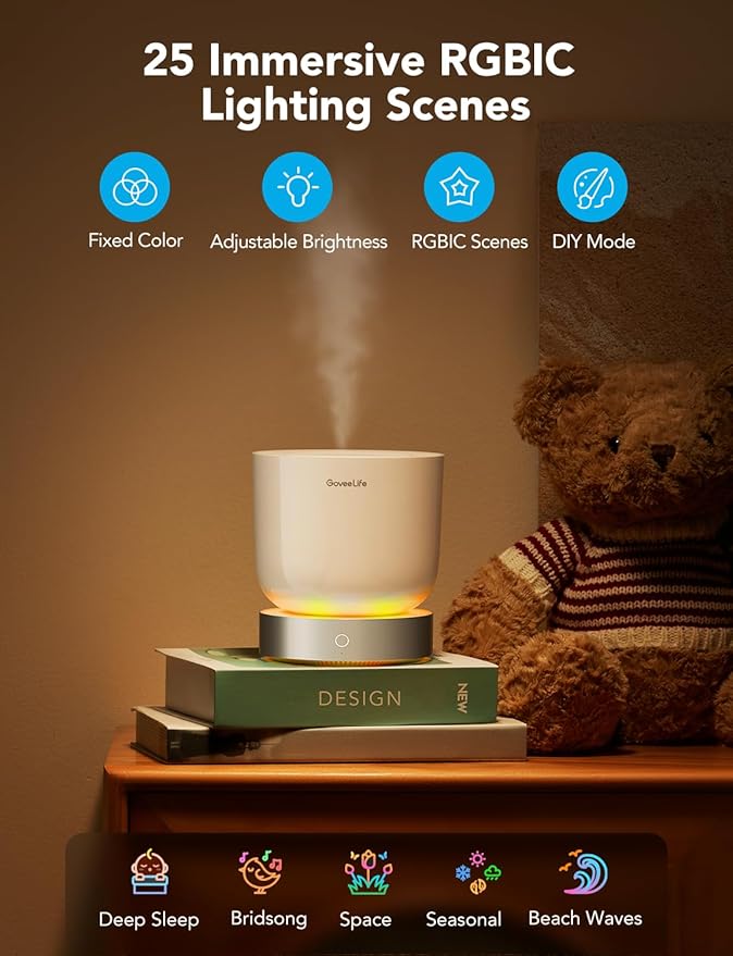 GoveeLife Smart Essential Oil Diffuser with Alexa Voice App Control for Home Office Bedroom, 300ml Quiet Cool Mist Aroma Diffuser with 2 Mist Modes, White Noise, Waterless Auto Off/Alarm