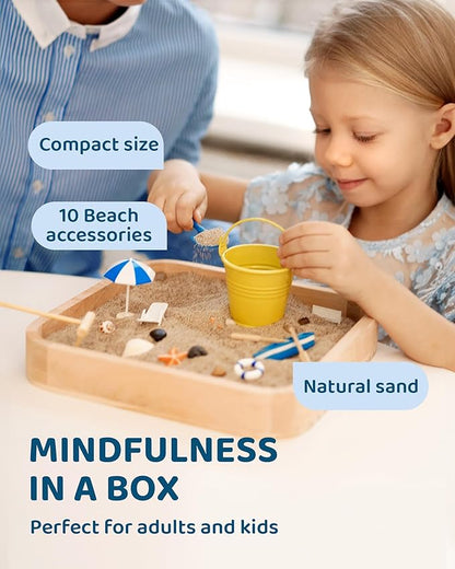 Mini Zen Garden Sandbox - Beach Sand Zen Garden for Desk - Desk Sandbox for Adults & Kids - Sand Tray Therapy Kit - Miniature Zen Sand Garden Gift Set with Natural Sand, Rakes, Rocks and Accessories