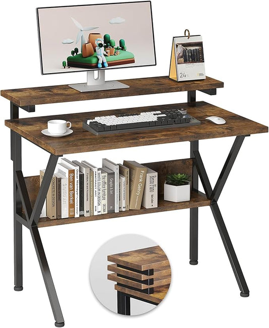 COTUBLR Small Desk, 27.5 Inch Small Computer Desk for Small Spaces, Computer Desk with Adjustable Monitor Stand, Compact Desk with Storage, Tiny Desk Study Desk for Bedroom Home Office, Rustic Brown