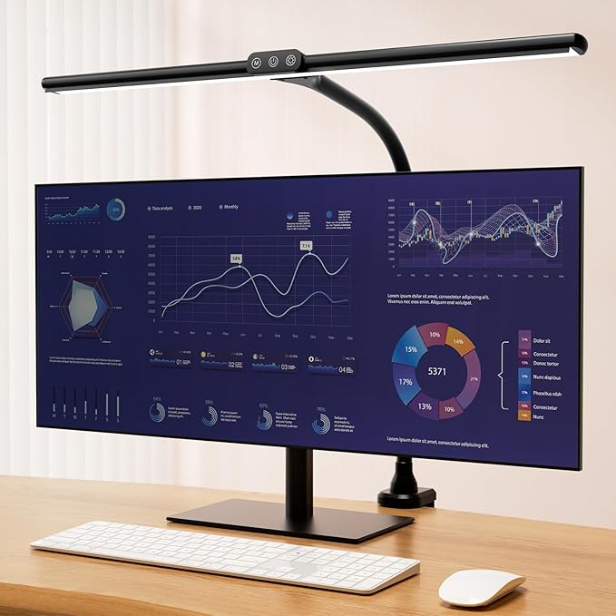 Hokone Desk Lamps for Home Office, 31.5" Wide Architect Desk Lamp with Clamp, Tall Office Lamp Dimmable, Black Desk Light with Timer, Bright Gooseneck Lamp for Workbench/Desktop