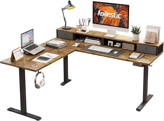 Agilestic L Shaped Electric Standing Desk with 2 Drawers, 63 Inch Ergonomic Adjustable Height Desk with Storage, Corner Desk Sit Stand up Computer Table for Work Office Home, Rustic Brown