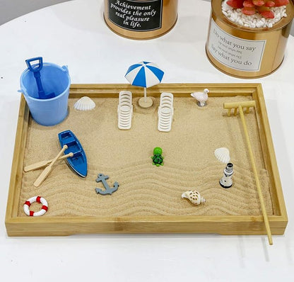 Desktop Miniature Beach Zen Garden - Mini Home Office Tabletop Sandbox Bamboo Rakes Stamps Tray Tool Accessories Kit Meditation Relaxation Decor - Stress Relief Therapy Gifts Kids Adult Father Mother