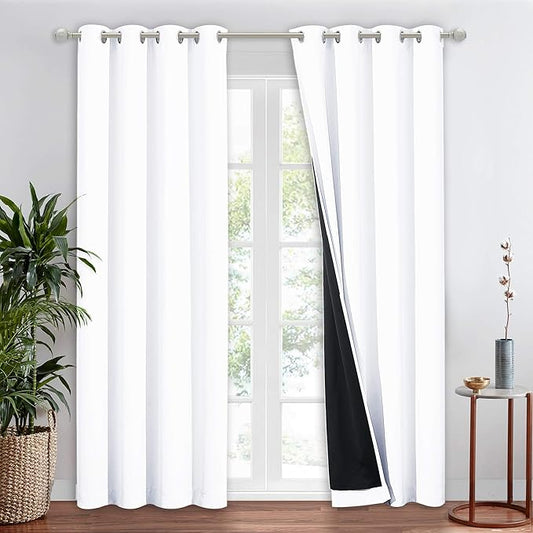 NICETOWN 100% Blackout Window Curtain Panel, Cold and Full Light Blocking Drape with Black Liner for Nursery, 84 inches Drop Thermal Insulated Draperies (White, 1 Piece, 52 inches Wide Each Panel)