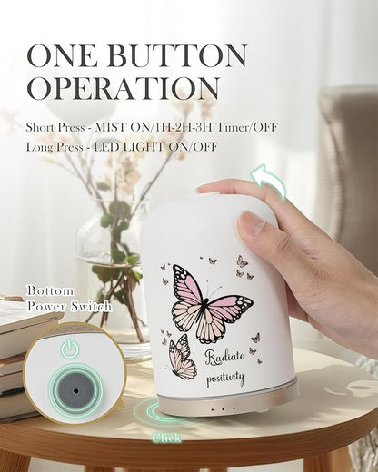 110ML Essential Oil Diffuser, Ceramic Diffusers for Essential Oils Large Room, Fragrance Aroma Diffuser with USB Cable, Warm Night Light and Auto-Off for Home Office Yoga Pilates,Butterflies