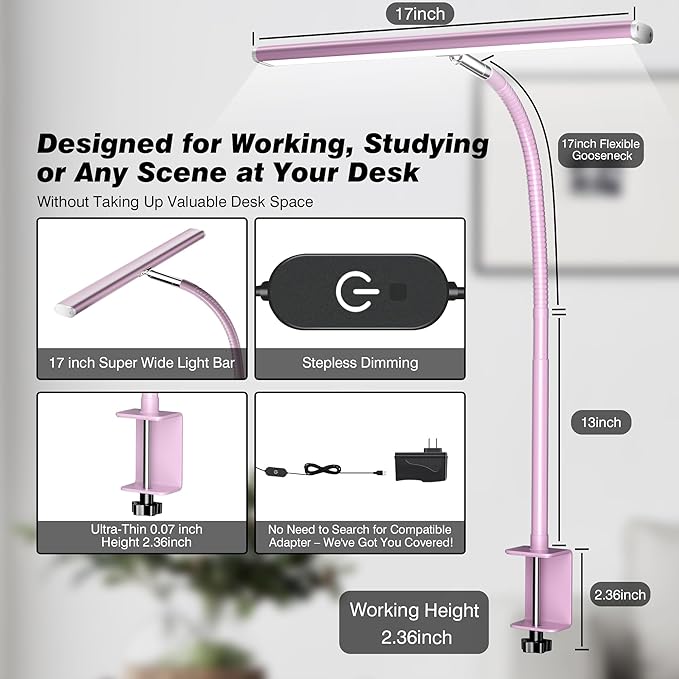 LED Desk Lamp for Office Home, Eye-Caring Desk Light with Stepless Dimming Adjustable Flexible Gooseneck, 10W USB Adapter Desk Lamp with Clamp for Reading, Study, Workbench (Pink)