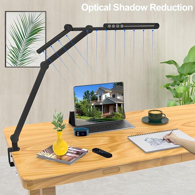 Micomlan Desk Lamp with Clamp, Architect Led Desk Lamp for Home Office with Remote Control, 24W Ultra Bright Auto Dimming Computer Desk Light Adjustable Table Light for Working Workbench (Remote)