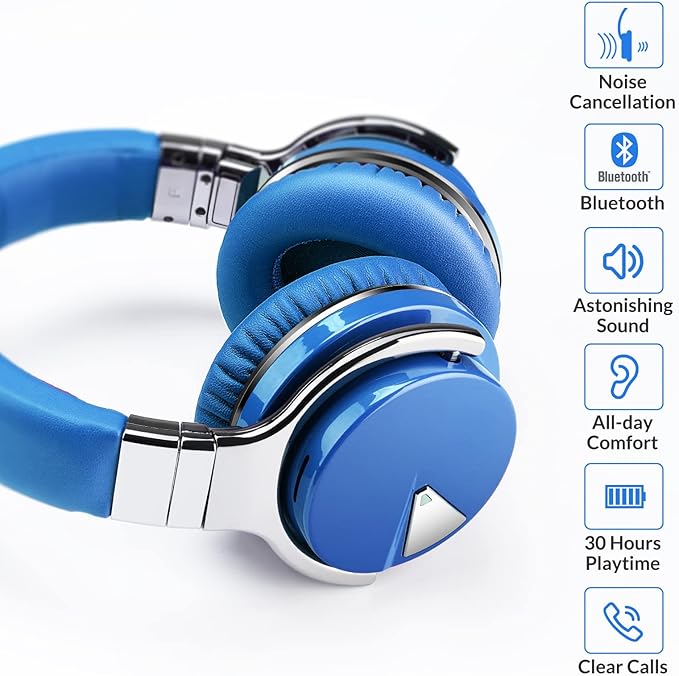 Silensys E7 Active Noise Cancelling Headphones Bluetooth Headphones with Microphone Deep Bass Wireless Headphones Over Ear, Comfortable Protein Earpads, 30 Hours Playtime for Travel/Work, Blue