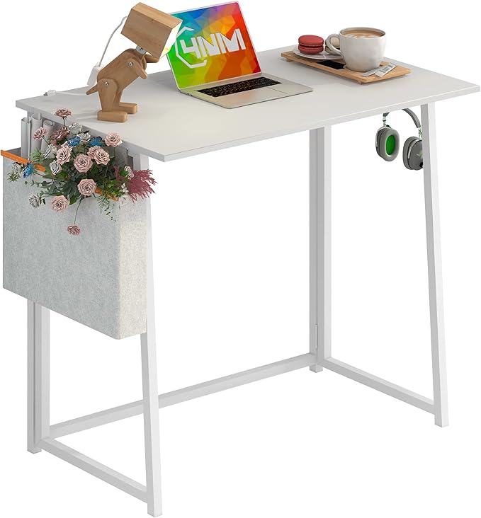 4NM 31.5" Small Desk with Storage Bag, Simple Assembly Folding Computer Desk Home Office Desk Study Writing Table for Small Space Offices - All White