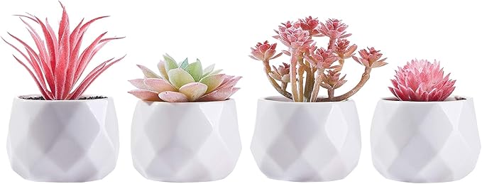 CADNLY Fake Succulent Plant Set - Artificial Succulent Plants for Women Desk - Realistic Faux Succulents in Ceramic Pots - Mini Pink Decor for Bedroom Bathroom Office Shelf Decor