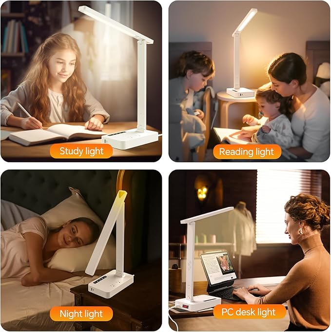 LAOPAO Desk Lamp with USB Charging Port: Power Strip with Surge Protection - 1 Type-C, 1 USB-A Charging Port, 2 AC Power Outlets, Desk Lamps for Home Office College Dorm Room Essentials