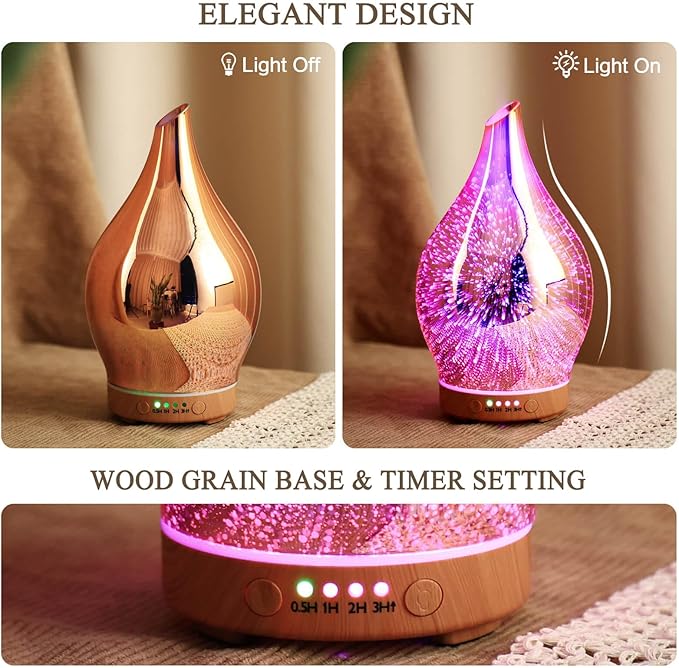 Porseme Essential Oil Diffuser 3D Firework Glass Aromatherapy Ultrasonic Humidifier Rose Gold, Auto Shut-Off, Timer Setting, BPA Free, Aroma Decoration for Home, Office, Gym, Spa, Premium Gift 100ml