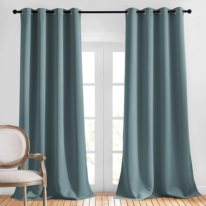 NICETOWN Blackout Curtains & Drapes for Living Room - Energy Saving Thermal Insulated Solid Grommet Sound Reducing Curtains for Bedroom, Greyish Blue, 2 Panels, W52 x L108