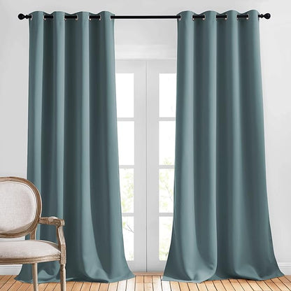 NICETOWN Blackout Curtains & Drapes for Living Room - Energy Saving Thermal Insulated Solid Grommet Sound Reducing Curtains for Bedroom, Greyish Blue, 2 Panels, W52 x L108