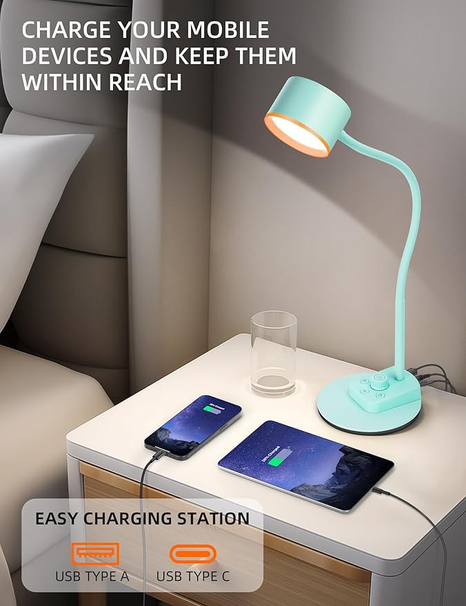 Desk Lamp, Fully Dimmable Bedside Reading Lamp with USB C + A Charging Ports, 5 Colors, Simple to Operate, Eye Care Metal Table Lamp Efficient Gooseneck Desk Lamps for Home Office College Dorm Room