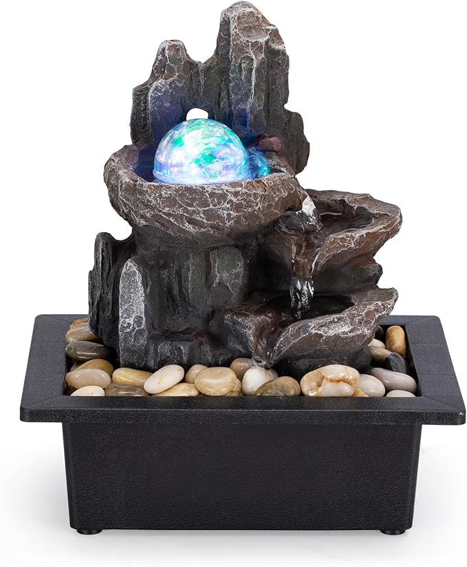 Tabletop Fountain Rotating Ball Rock Waterfall Fountain Office Tabletop Fountains for Home Office Decor Includes Many Natural River Rocks Decorated with Colorful Lights and Rolling Ball