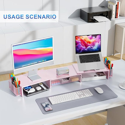 gianotter Dual Monitor Stand Riser, Desk Organizer With Drawer and 2 Pen Holders, Desk Accessories & Workspace Organizers, Monitor Stand for Desk, Office Decor Essentials (Pink)