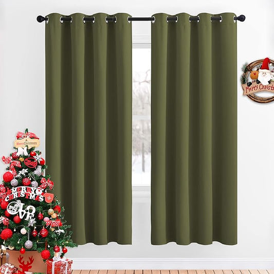 NICETOWN Blackout Curtains for Girls Room - Thermal Insulated Solid Grommet Room Darkening Curtains/Panels/Drape for Bedroom (Olive Green, 1 Pair, 52 by 72-Inch)