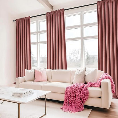 Topfinel 108 Inches Long Dusty Pink Velvet Blackout Curtains for Living Room Large Window, Room Darkening Pastel Pink Acoustic Heavy Floor Length Boho Back Tab Curtains for Living Room 2 Panels 9 FT