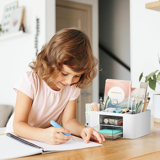 Pencil Pen Holder for Desk,2 Drawer Desk Organizers,5 Compartments Desktop Storage Stationery Supplies Organizer, Cute Pencil Cup Pot For Office, School, Home(White)