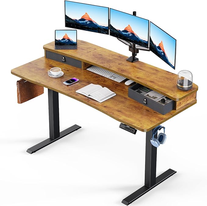 HUANUO 55″ x 26″ Electric Standing Desk with 2 Drawers, C-Clamp Mount Compatible, Height Adjustable Computer Desk, Home Office Stand Up Desk with 4 Preset Heights & 2 Hooks, Vintage Brown