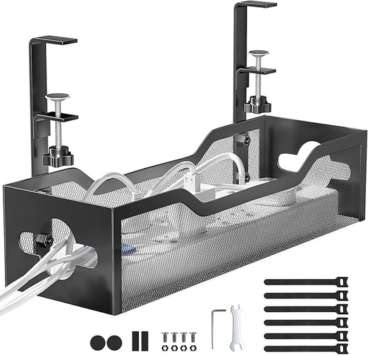 Under Desk Cable Management Tray No Drill, Metal Mesh Cable Management Under Desk with Clamp Mount, 2 Hole Cable Tray with Desk Wire Management and Desk Cord Organizer for Home Office Standing Desk