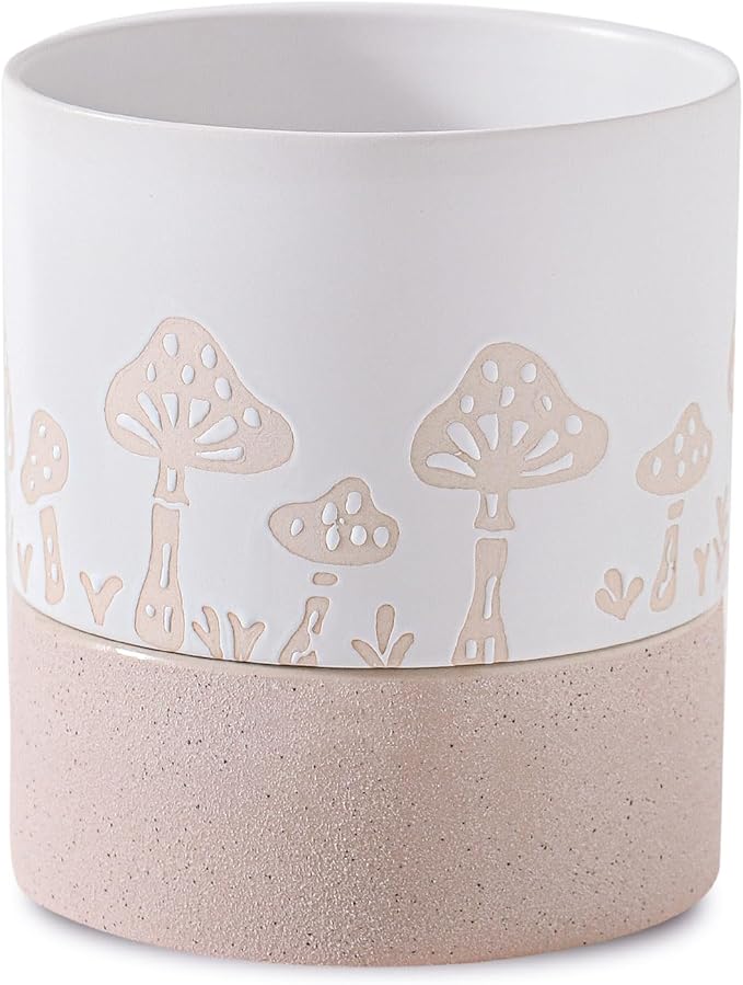 Nihow Self Watering Plant Pot: 6 Inch Ceramic Planter with Drainage Hole & Water Storage Plus for Indoor & Outdoor Plants - Cylinder Round Flower Pot for Succulent/Herbs/Violets - Nature & White