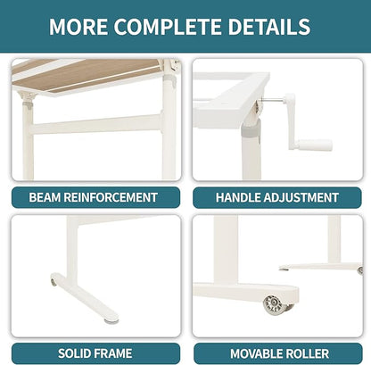 Manual Standing Desk Adjustable Height- Crank Mobile Standing Desk 48 x 24 Inches Sit Stand Desk Frame & Top, Stand Up Desk on Wheels, Computer Desk White Frame & Maple