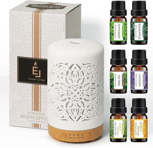 Earnest Living Essential Oil Diffuser Gift Set White Ceramic Diffuser 100 ml & Essential Oil Set Timers Night Lights Auto Off Function Home Office Humidifier Aromatherapy Diffusers for Essential Oils