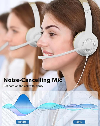 USB Headset with Mic for PC, On-Ear Computer Laptop Headphones with Noise Cancelling Microphone in-line Control for Home Office Online Class Skype Zoom (USB+3.5mm, White)