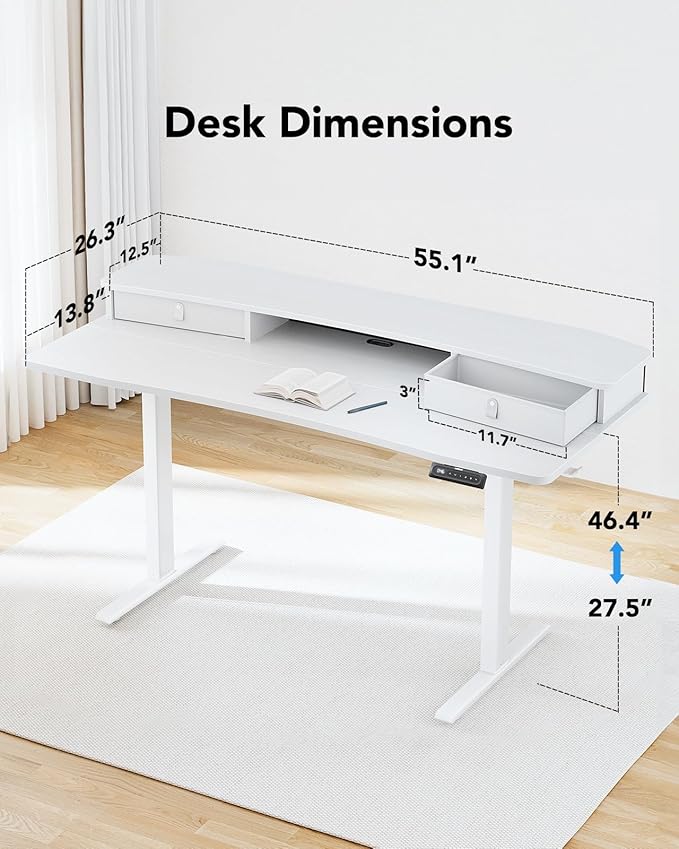 HUANUO 55″ x 26″ Electric Standing Desk with 2 Drawers, C-Clamp Mount Compatible, Height Adjustable Computer Desk, Home Office Stand Up Desk with 4 Preset Heights & 2 Hooks, White