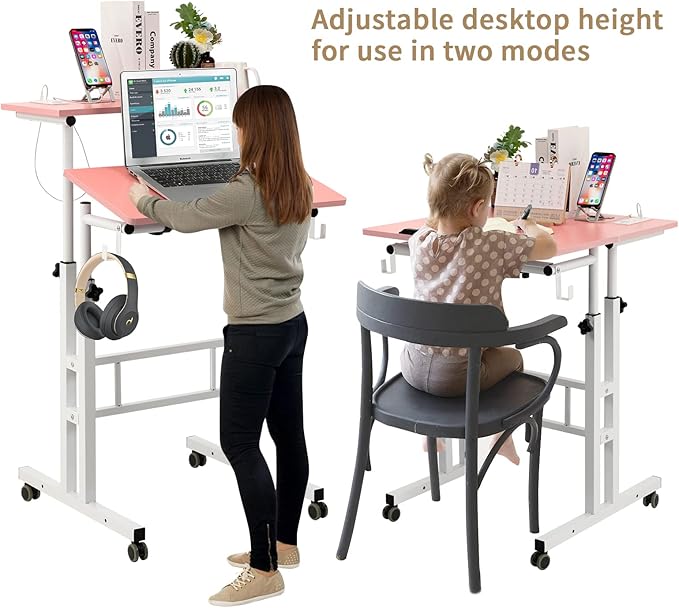 SIDUCAL Mobile Stand Up Desk, Adjustable Laptop Desk with Wheels, Home Office Workstation with USB Ports and Outlets,