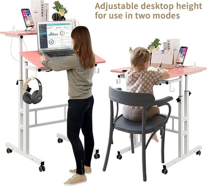 SIDUCAL Mobile Stand Up Desk, Adjustable Laptop Desk with Wheels, Home Office Workstation with USB Ports and Outlets,