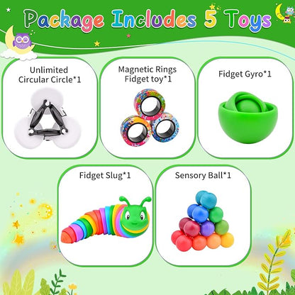 Fidget Toys Adults Pack, Green Sensory Toys Set for Kids, Fidget Spinner Slug Magnetic Rings, Cool Gadget Gift for Girls Boys Teens ADHD Autism Stress Relief Desk Toy Christmas Basket Stuffers